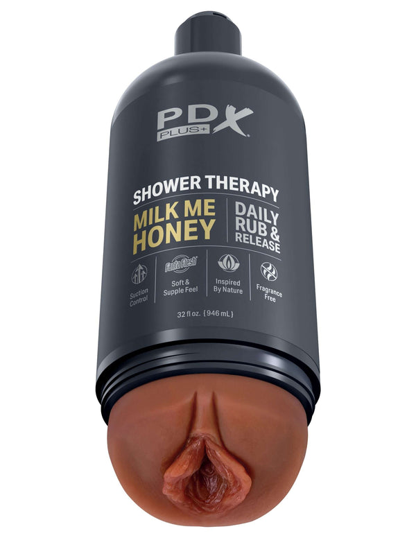 Brown PDX Plus Shower Therapy Stroker disguised as a shampoo bottle for discreet pleasure and daily rub and release