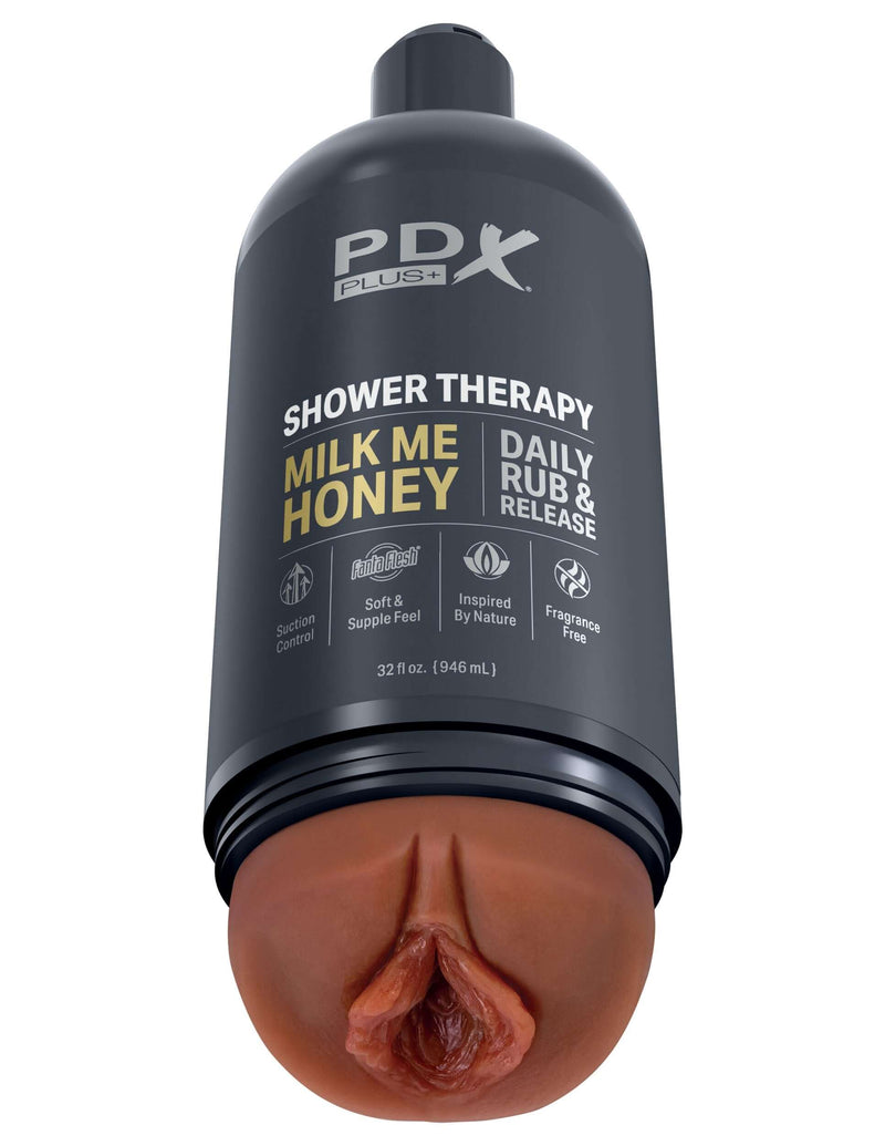 Brown PDX Plus Shower Therapy Stroker disguised as a shampoo bottle for discreet pleasure and daily rub and release