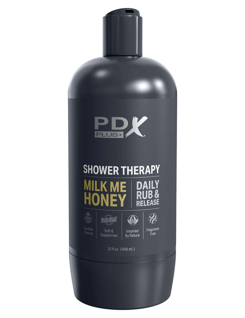 PDX Plus Shower Therapy Stroker in brown shaped like a shampoo bottle with Milk Me Honey Daily Rub and Release label.