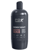 PDX Shower Therapy Soothing Scrub Stroker in shampoo bottle design for discreet pleasure and self-indulgence in shower, tan skin tone.