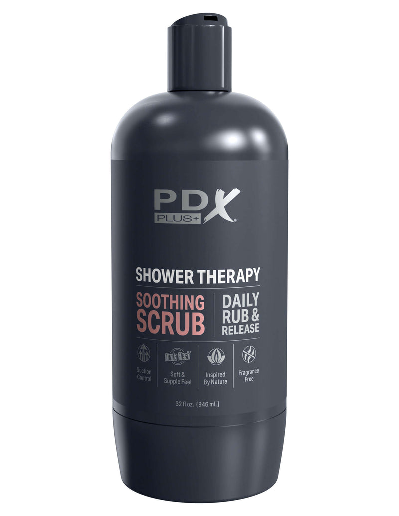 PDX Shower Therapy Soothing Scrub Stroker in shampoo bottle design for discreet pleasure and self-indulgence in shower, tan skin tone.