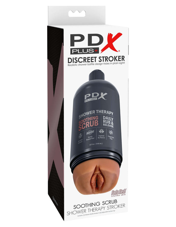 PDX Shower Therapy Soothing Scrub Stroker in Tan Skin Tone, disguised as a shampoo bottle for ultimate discretion