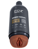 PDX Shower Therapy Soothing Scrub Stroker in Brown Skin Tone, disguised as a shampoo bottle for supreme discretion and luxurious pleasure.