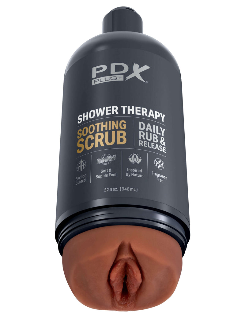 PDX Shower Therapy Soothing Scrub Stroker in Brown Skin Tone, disguised as a shampoo bottle for supreme discretion and luxurious pleasure.