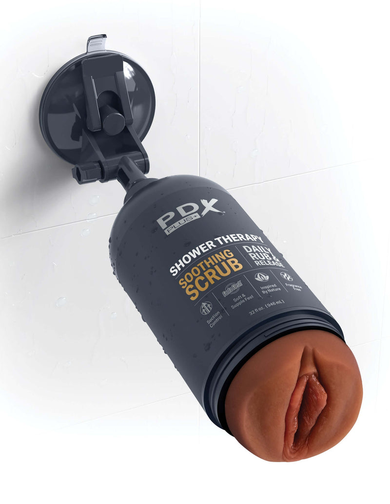 PDX Shower Therapy Soothing Scrub Stroker in Brown Skin Tone by Pipedream Products with discreet shampoo bottle design.