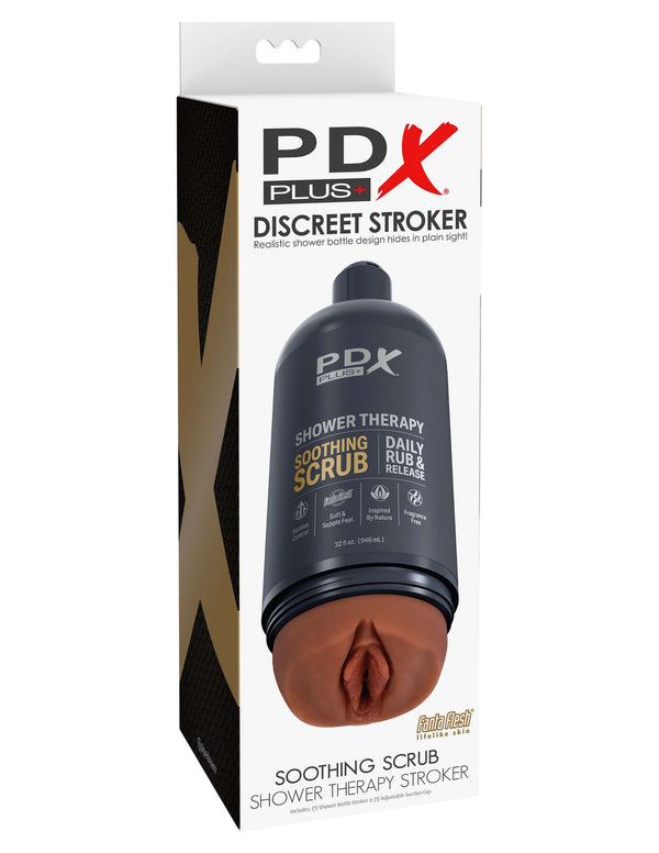 PDX Shower Therapy Soothing Scrub Stroker in Brown Skin Tone, discreet design resembling a shampoo bottle by Pipedream Products.