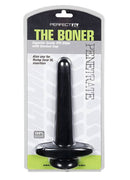 Perfect Fit The Boner Black Dildo with Suction Cup in packaging, 8" insertable length, 5.5" circumference, versatile adult toy.