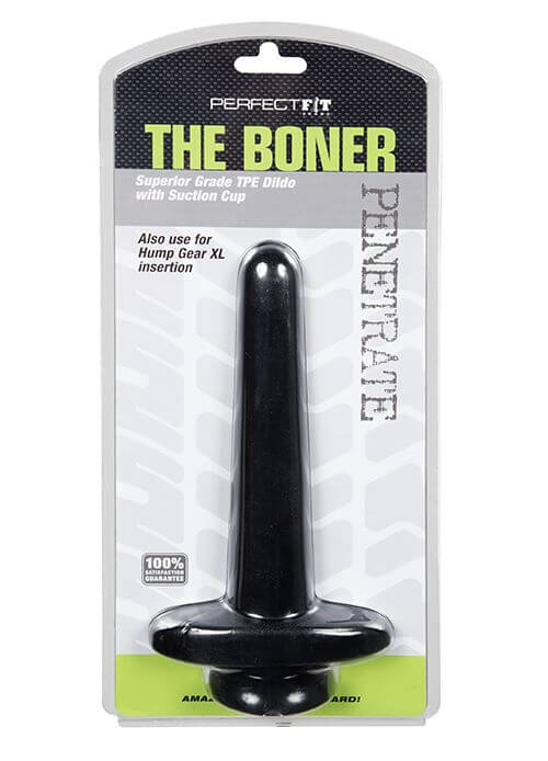 Perfect Fit The Boner Black Dildo with Suction Cup in packaging, 8" insertable length, 5.5" circumference, versatile adult toy.
