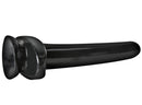 Black dildo with suction cup, 8" insertable length, 5.5" circumference, sleek design for hands-free play on flat surfaces.