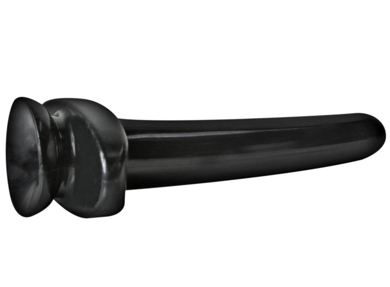 Black dildo with suction cup, 8" insertable length, 5.5" circumference, sleek design for hands-free play on flat surfaces.