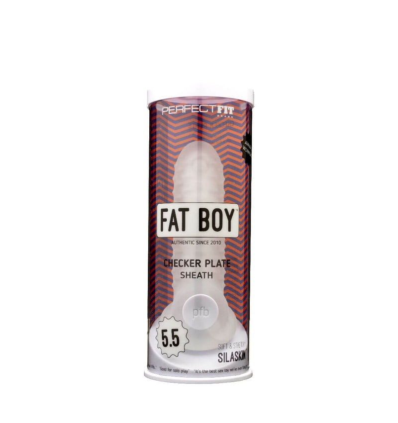 Perfect Fit Fat Boy Checker Box Sheath 5.5 inches packaging, offers girth enhancement and comfort, made from stretchy SilaSkin.