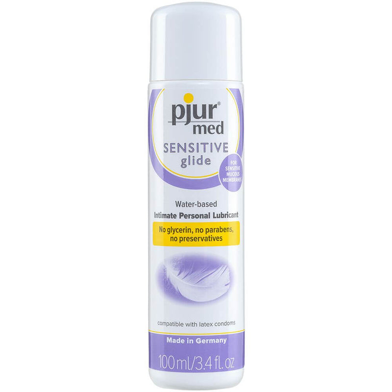 Pjur Med Sensitive Glide 3.4 oz water-based lubricant bottle for sensitive skin and mucous membranes, no glycerin, parabens, or preservatives.