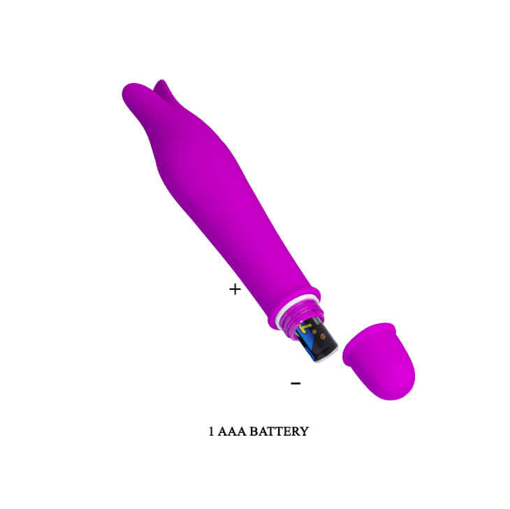 Pretty Love Jeffery 10 Function Silicone G-Spot Vibrator open showing battery compartment, floral design, purple color.