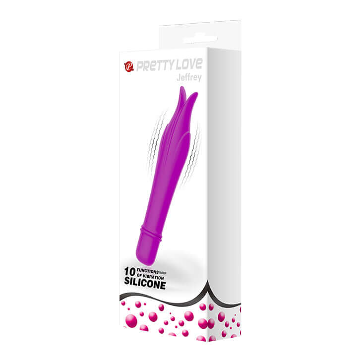 Pretty Love Jeffery 10 Function Silicone G-Spot Vibrator in packaging, floral design, purple color