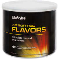 Lifestyles Assorted Flavors Latex Condoms Bowl Display with 40 lubricated premium condoms in vibrant colors.