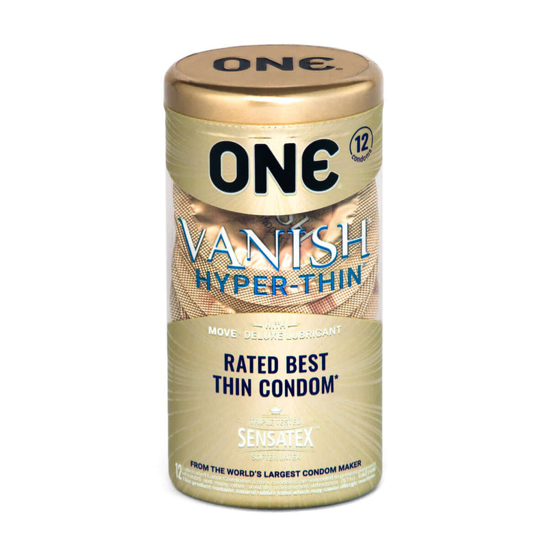 One Vanish Hyper Thin condoms 12 pack featuring Sensatex for a softer, smoother, and more pleasurable experience.