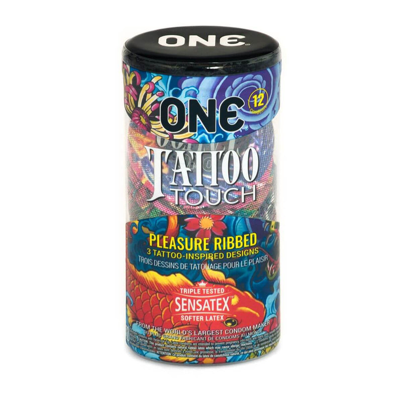 One Tattoo Touch 12 Pack Latex Condoms in a colorful, tattoo-inspired canister with pleasure-ribbed texture for enhanced intimacy.
