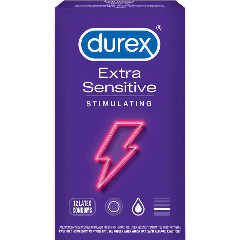 Durex Extra Sensitive Stimulating Latex Condoms pack - 12 count with ribbed texture and tingling lubricant for enhanced pleasure.