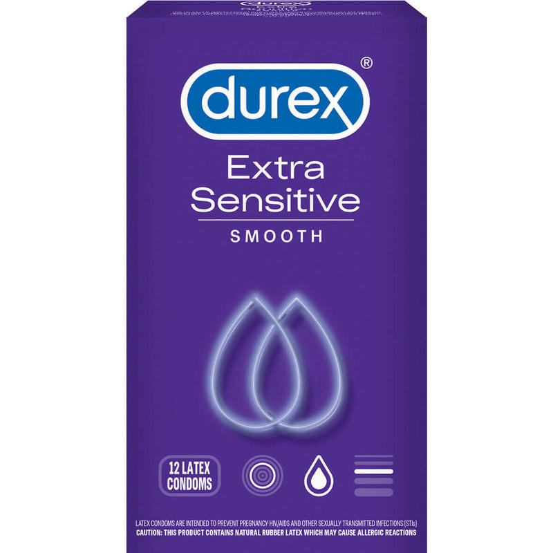 Durex Extra Sensitive Smooth Latex Condoms package containing 12 ultra-fine, lubricated condoms for enhanced intimacy.