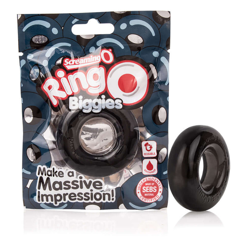 RingO Biggies Colossal Cock Rings packaging and product in black, designed for pleasure and made from body-safe SEBS silicone.