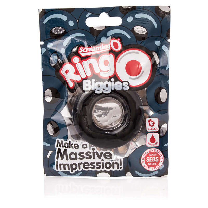 Packaging of RingO Biggies Colossal Cock Rings featuring SEBS Silicone for maximum pleasure and a massive impression.