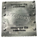 "Caution Wear Iron Grip Snugger Fit Lubricated Condom in packaging, emphasizing secure and comfortable protection."