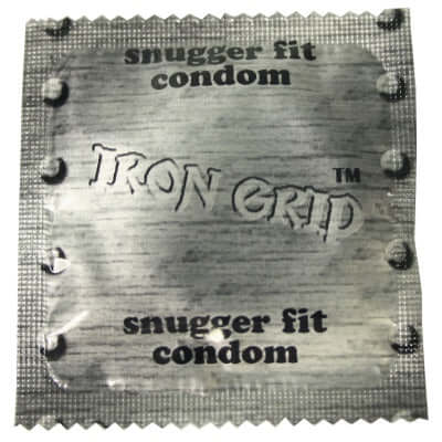 "Caution Wear Iron Grip Snugger Fit Lubricated Condom in packaging, emphasizing secure and comfortable protection."