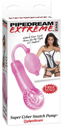 Pipedream Extreme Toyz Super Cyber Snatch Pump packaging with pink pleasure pump and model in lingerie