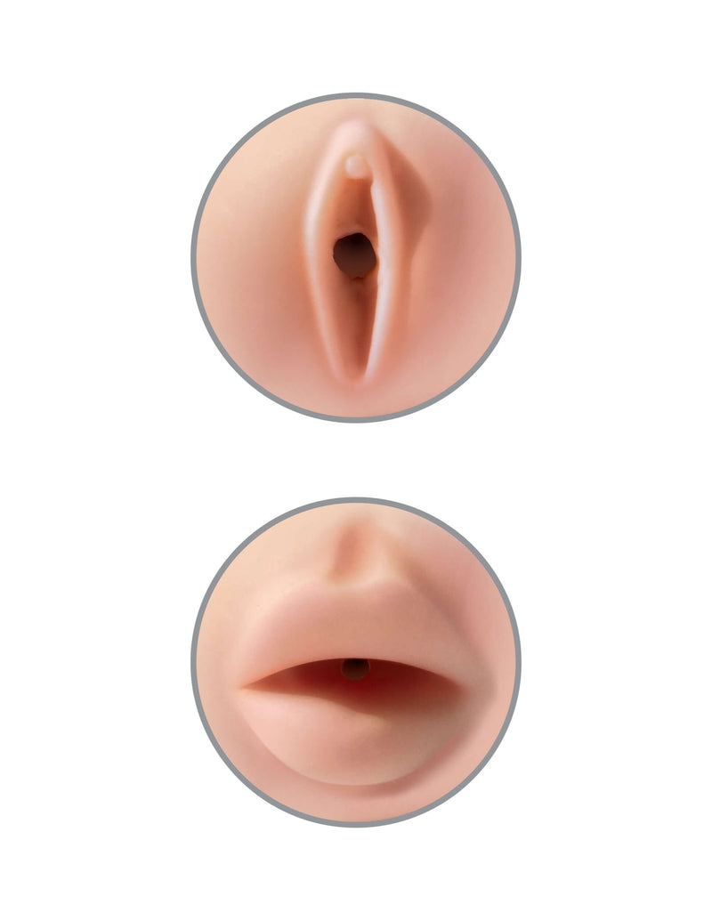 Pipedream Extreme Toyz Tight Grip Pussy & Mouth Masturbator in Beige and White showing realistic entry points