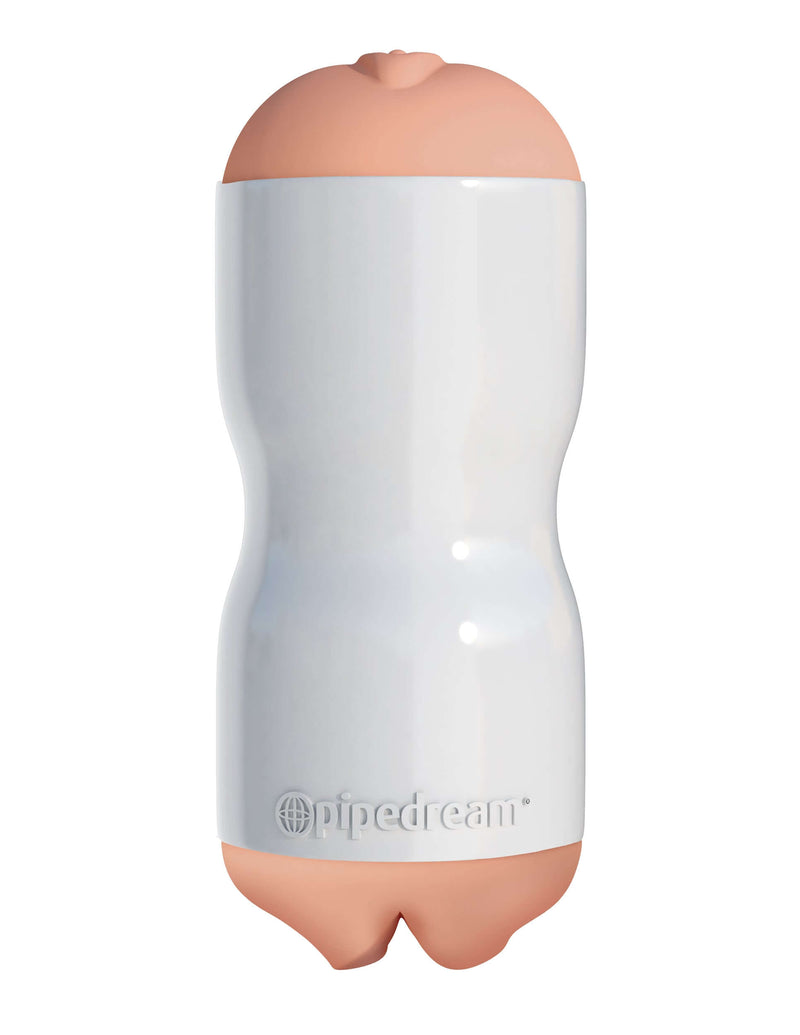 Pipedream Extreme Toyz Tight Grip Pussy & Mouth Masturbator Beige White with realistic dual density stroker and squeezable design.