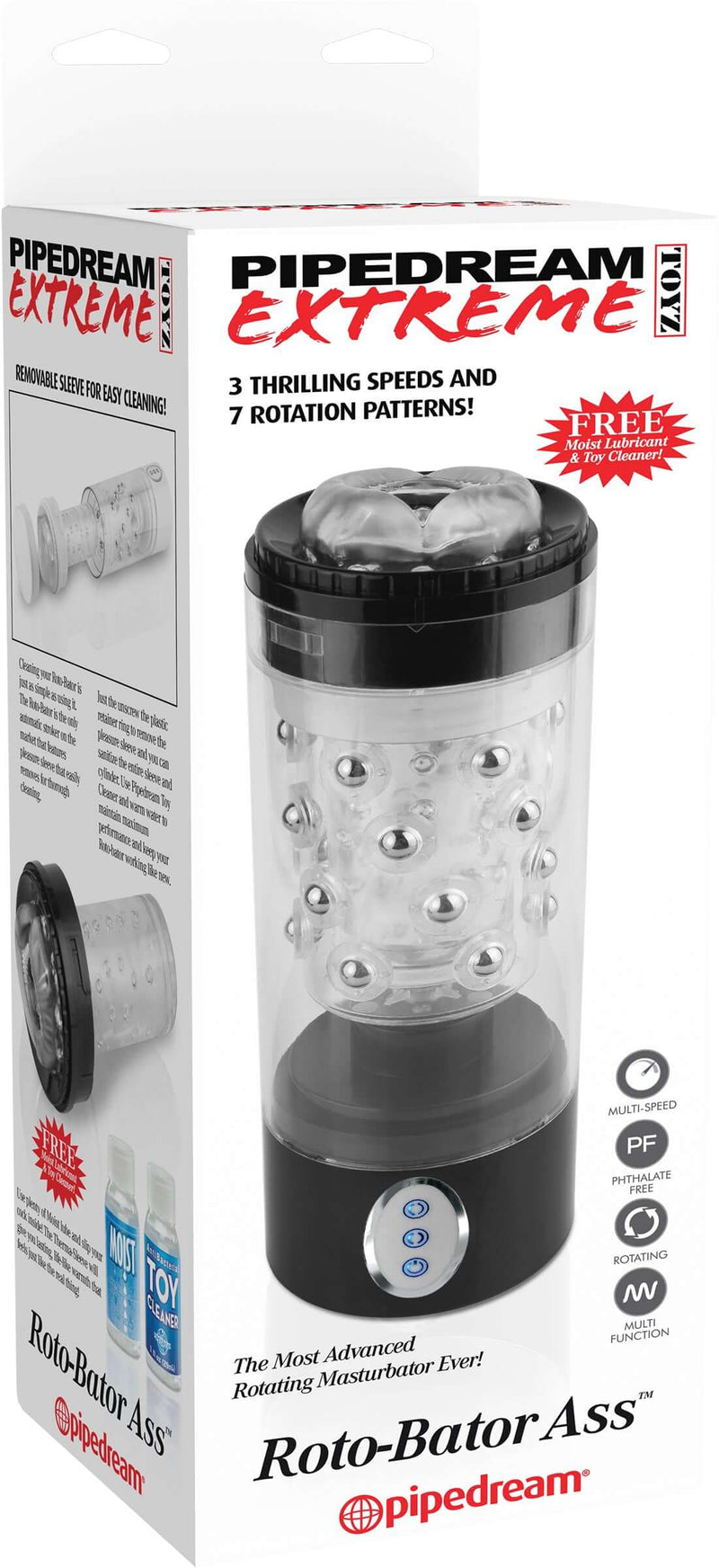PIPEDREAM EXTREME TOYZ Roto-Bator Ass rotating masturbator with 3 speeds and 7 rotation patterns in packaging.