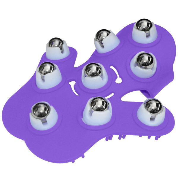 Fuzu Roller Glove Neon Purple with nine 360-degree rolling balls for muscle massage and stress relief