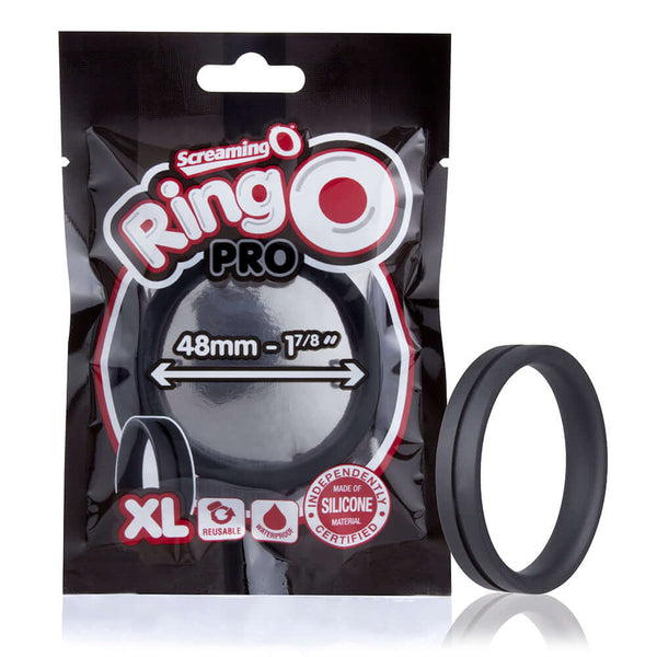 Super stretchy black Screaming O RingO Pro XL silicone erection ring in packaging for enhanced pleasure