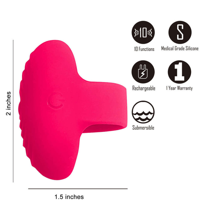 Vibe Lite Ruby Rechargeable Vibrating Finger Ring in red with dimensions and features including 10 functions, medical-grade silicone, and 1-year warranty.