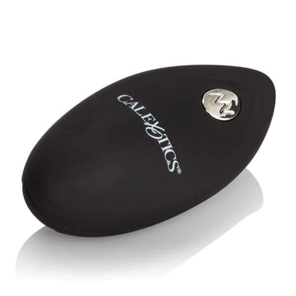Black silicone remote control for ridged G vibrator with branded logo.