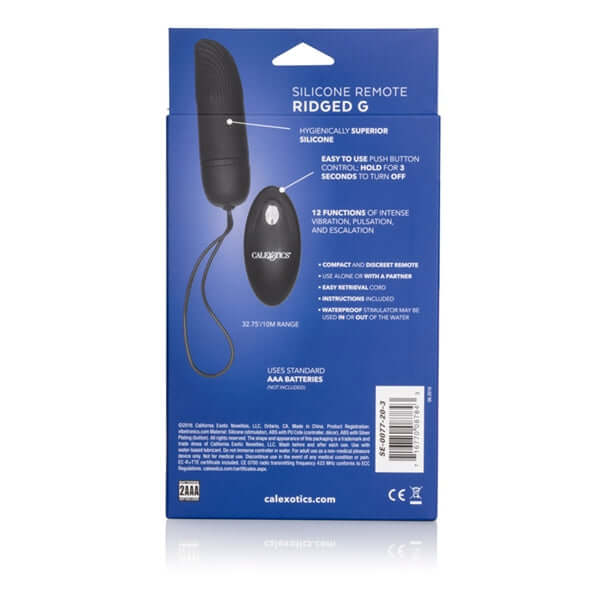 Silicone Remote Ridged G Vibrator packaging with remote control, showcasing product features and 12 vibration functions.