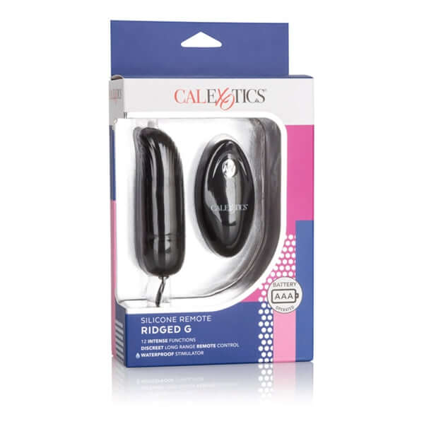 Packaging of Silicone Remote Ridged G Vibrator with remote control and 12 functions, waterproof and discreet for versatile pleasure.