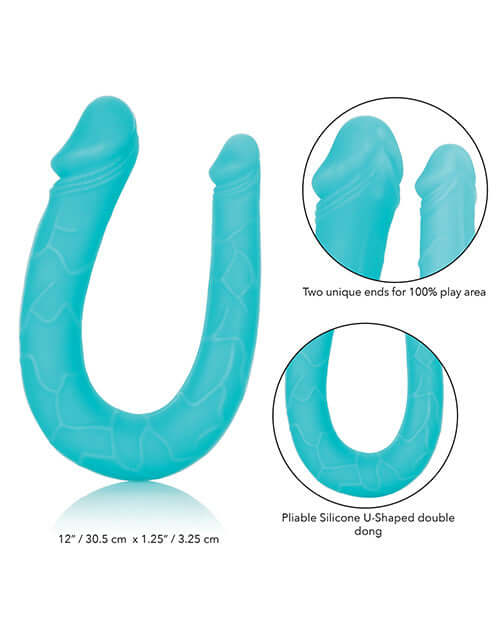 Teal Silicone Double Dong - 12 inches, U-shaped, by Cal Exotics. Body safe, latex-free, phthalate-free. Two unique ends for versatile use.