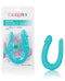 Teal Silicone Double Dong by Cal Exotics in packaging and displayed, 12 inches, body-safe, latex-free, and phthalate-free.