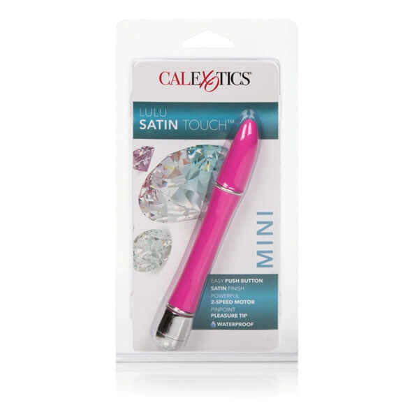 Lulu Satin Touch pink vibrator packaging featuring easy push button, 2-speed motor, and waterproof design for pleasure.