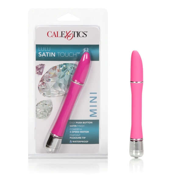 Lulu Satin Touch Pink Vibrator in packaging, showcasing its sleek design, 2-speed motor, and waterproof features.