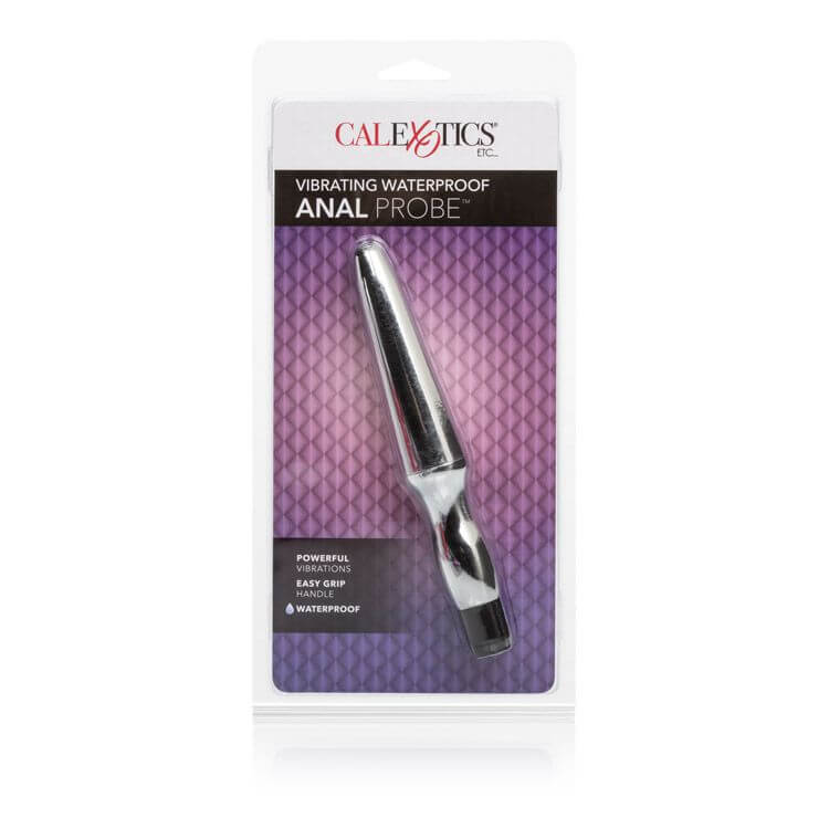 Waterproof vibrating anal probe in sleek silver packaging for enhanced pleasure and easy grip.