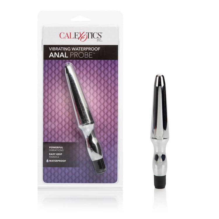 Vibrating waterproof anal probe in silver packaging, designed for easy grip and pleasurable stimulation.