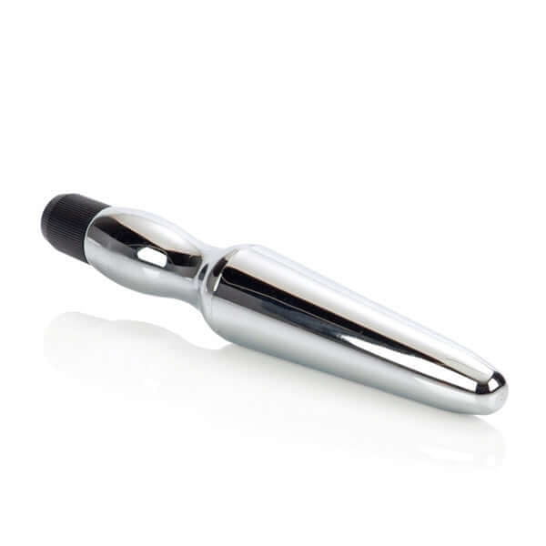Waterproof vibrating anal probe in silver, featuring a sleek design and ergonomic handle for enhanced pleasure.