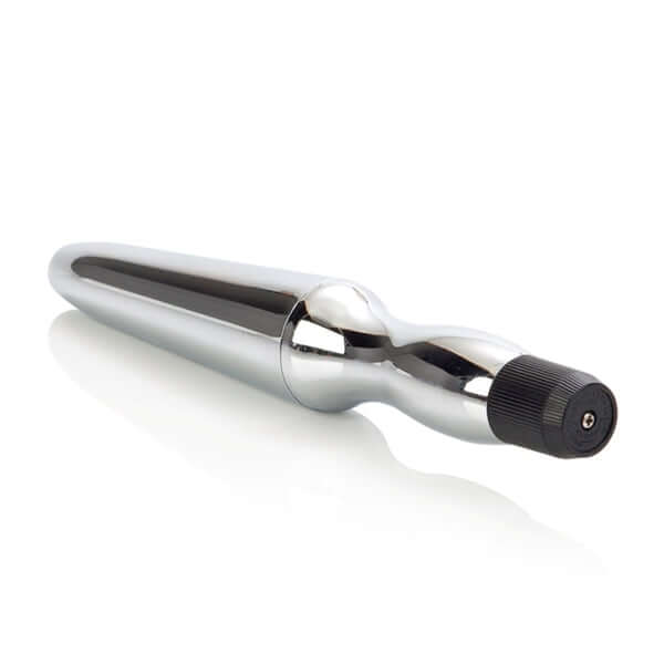 Waterproof vibrating anal probe in sleek silver design, featuring ergonomic handle and tapered tip for easy penetration.