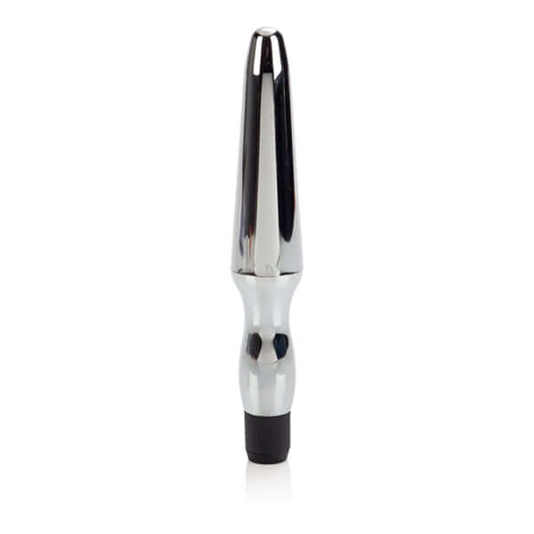 Waterproof vibrating anal probe in silver, 6.5 inches, tapered design for easy penetration and ergonomic handle.