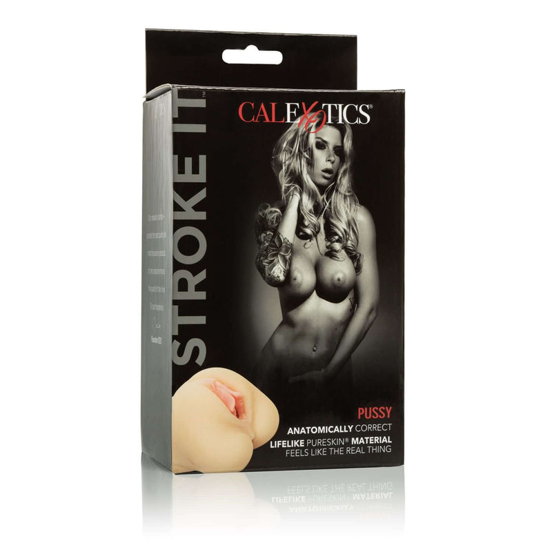 Stroke It Pussy Stroker Beige packaging with model illustration, highlighting lifelike features and realistic material from Cal Exotics.
