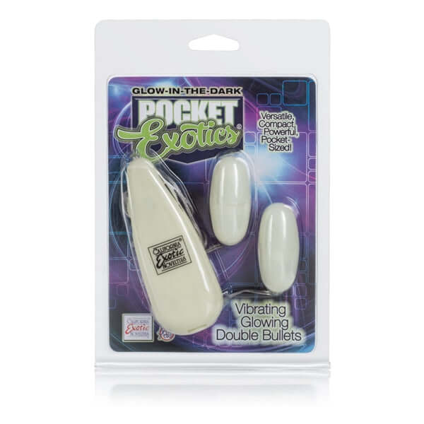 Pocket Exotics Glow In The Dark Double Bullets, versatile and compact vibrating sex toy in original packaging.