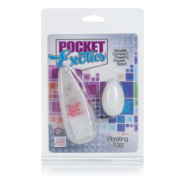 Pocket Exotics Ivory Vibrating Egg in packaging - versatile, compact, and powerful sex toy requiring 2 AA batteries.