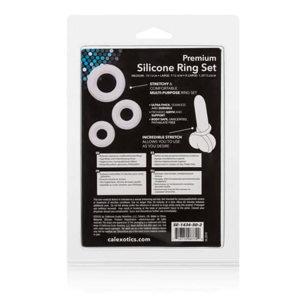 Packaging for Premium Silicone Ring Set displaying three versatile sizes and product details for enhanced pleasure and performance.